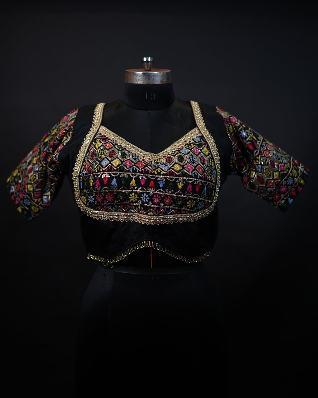 Black Multicolour Floral Embroidered Blouse — front view