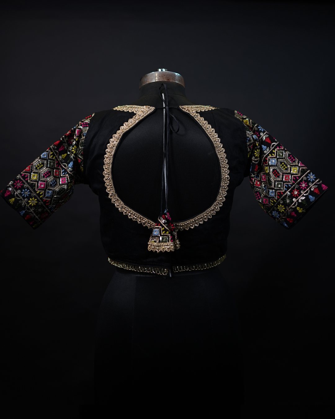 Black Multicolour Floral Embroidered Blouse — back view