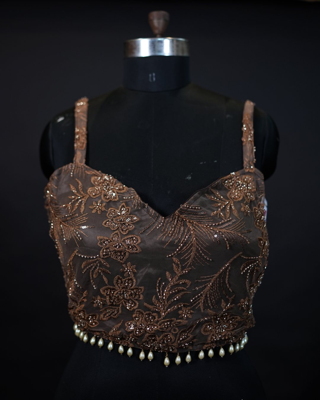 Chocolate Brown Sequin Floral Blouse — front view