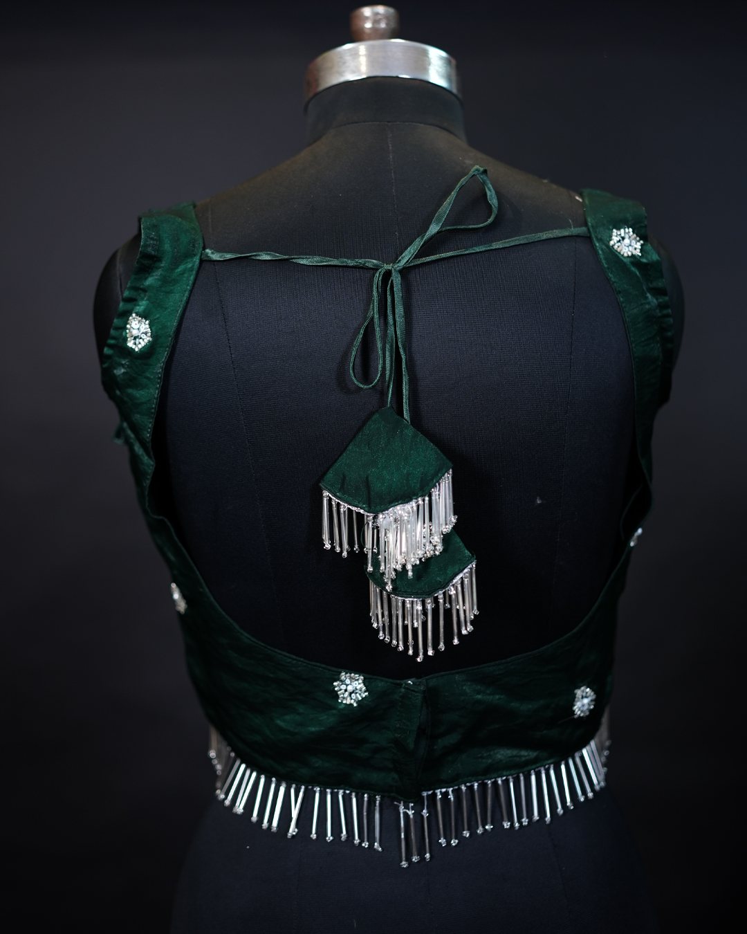 Emerald Green Embellished Draped-Edge Blouse — back view