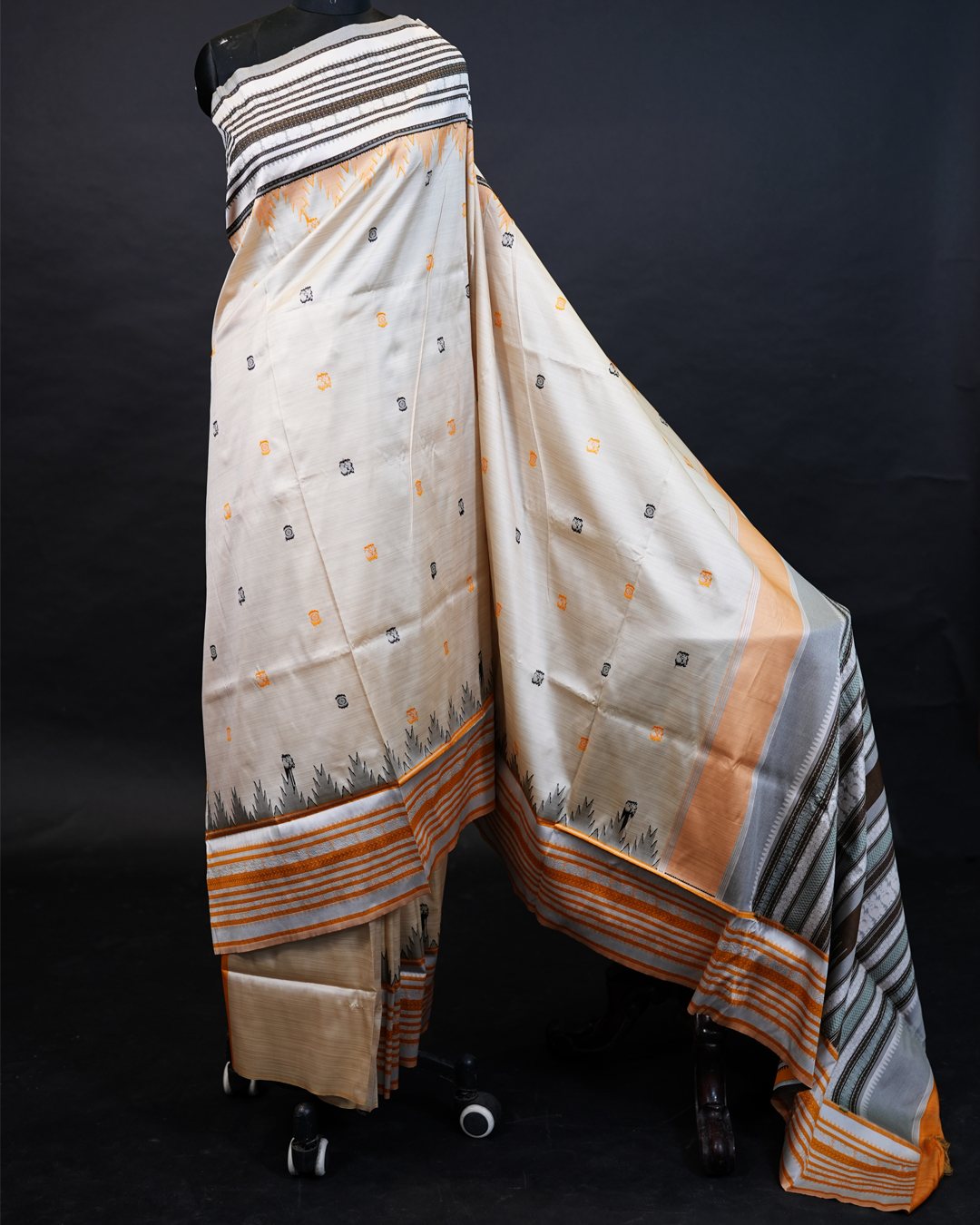 Ivory Saree with Orange & Black Motifs and Striped Border — full drape, view one