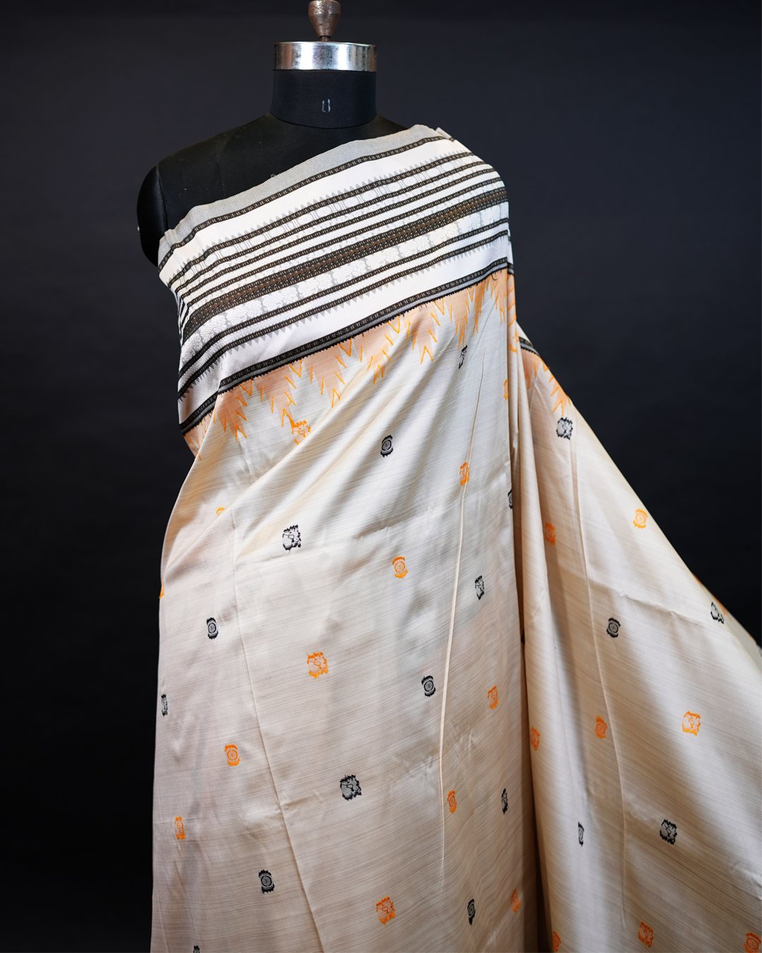 Ivory Saree with Orange & Black Motifs and Striped Border — detail, view two