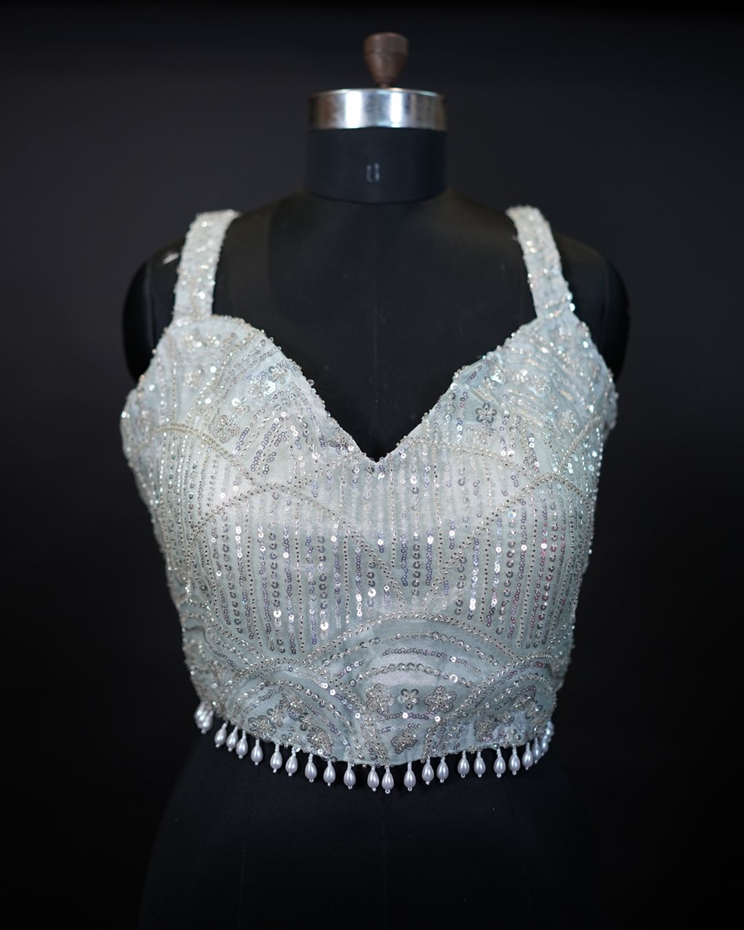 Ivory Silver Sequin Pearl-Trim Blouse — front view