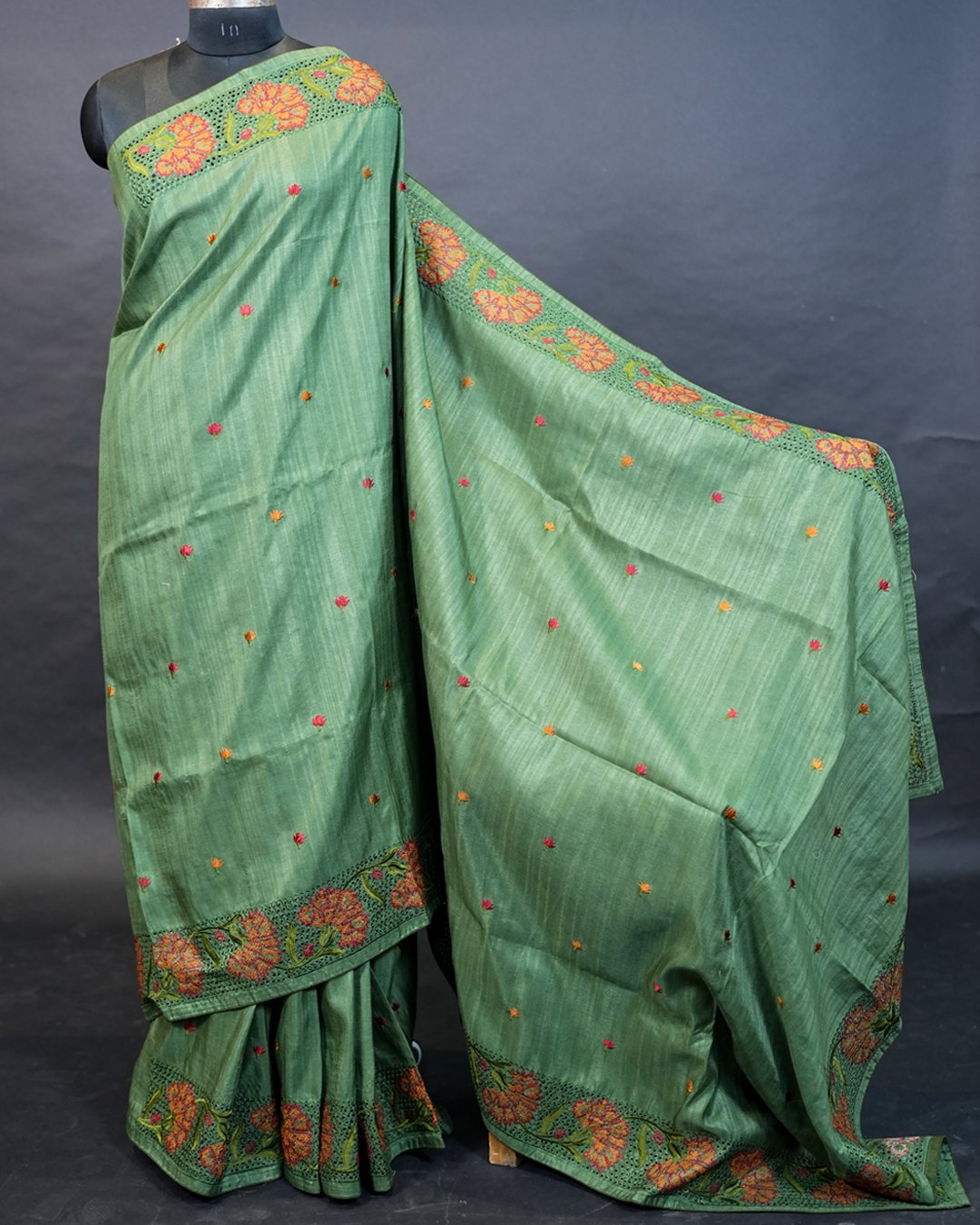 Mint Green Saree with Floral Embroidered Border and Multicolour Butis — detail, view two