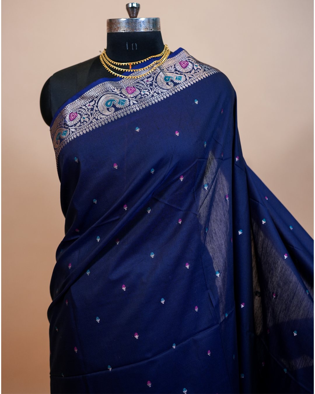 Navy Blue Saree with Multicolour Buti Motifs and Metallic Paisley Border — detail, view two
