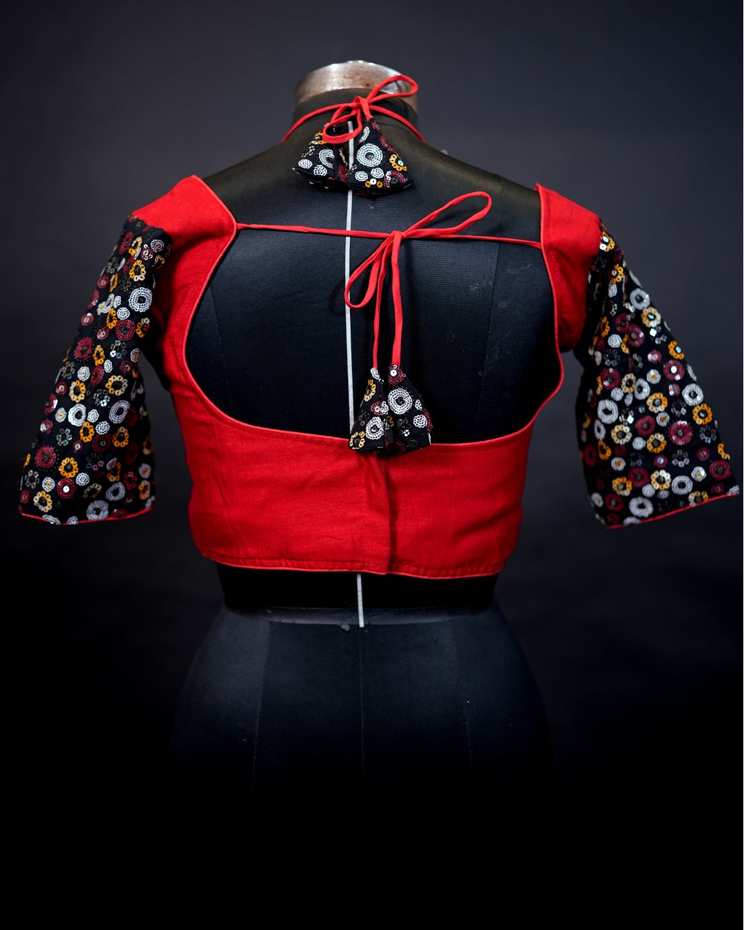 Red and Black Floral Blouse — back view