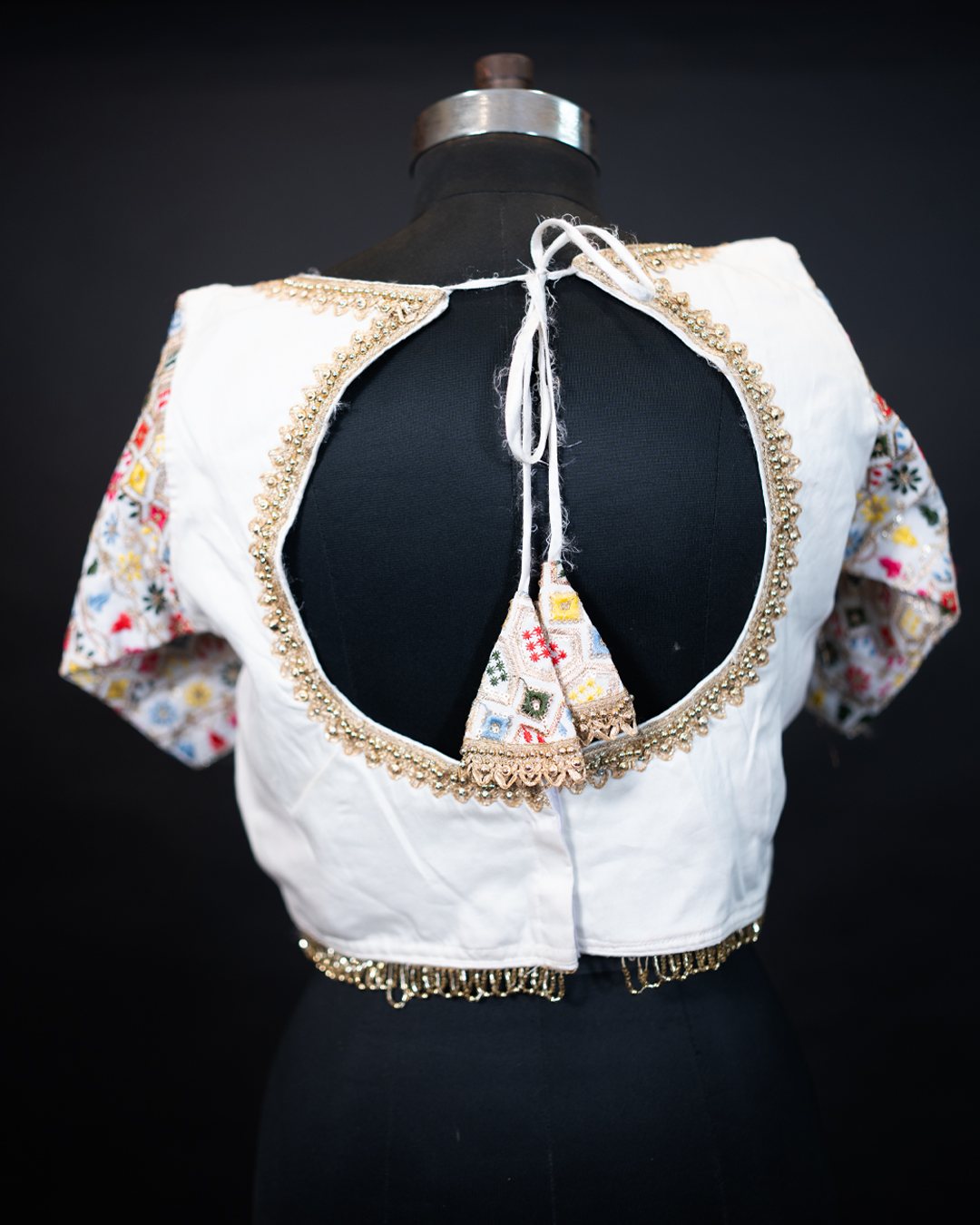 White Multicolour Geometric Embroidered Blouse — back view
