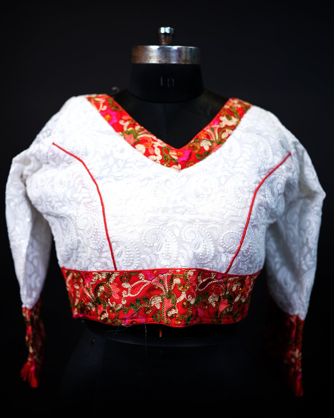 White Paisley Embroidered Red-Border Blouse — front view