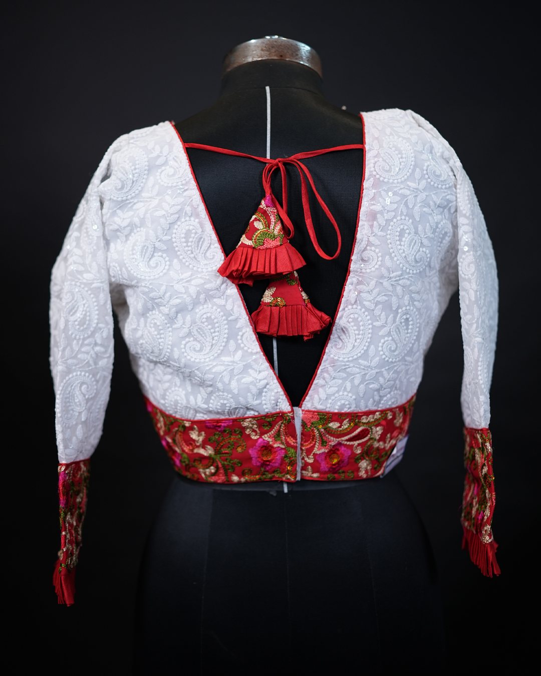 White Paisley Embroidered Red-Border Blouse — back view