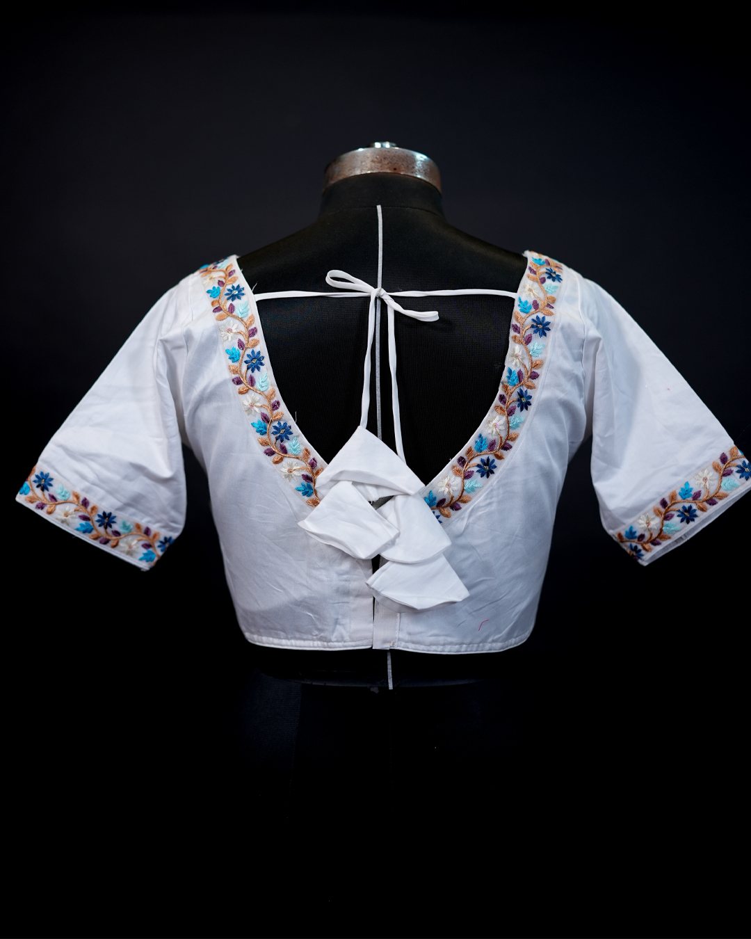 White V-Neck Floral Vine Embroidered Blouse — back view